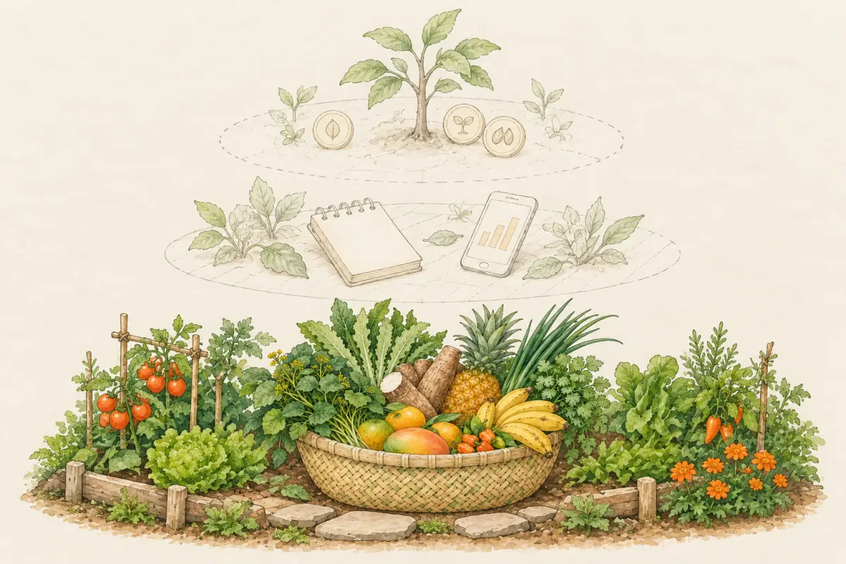 Ilustração em aquarela de três camadas empilhadas: embaixo, uma horta colorida com um cesto de produtos; acima, em traço mais claro, um caderno e um celular; no alto, em pontilhado, uma árvore brotando com sementes. As camadas de cima parecem esboço, para mostrar que são planos futuros.