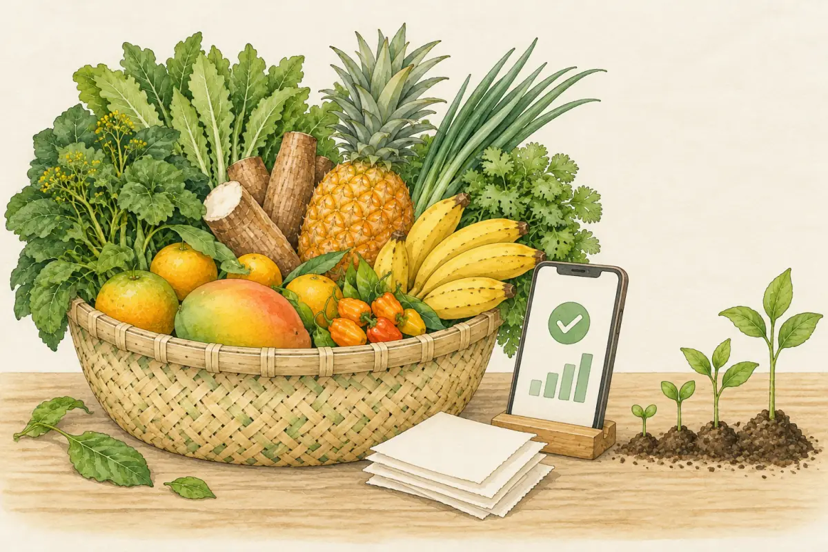 Ilustração em aquarela de uma mesa de feira com um cesto de produtos, um celular com um sinal de confirmação, uma pilha de recibos em branco e mudas que crescem da esquerda para a direita.