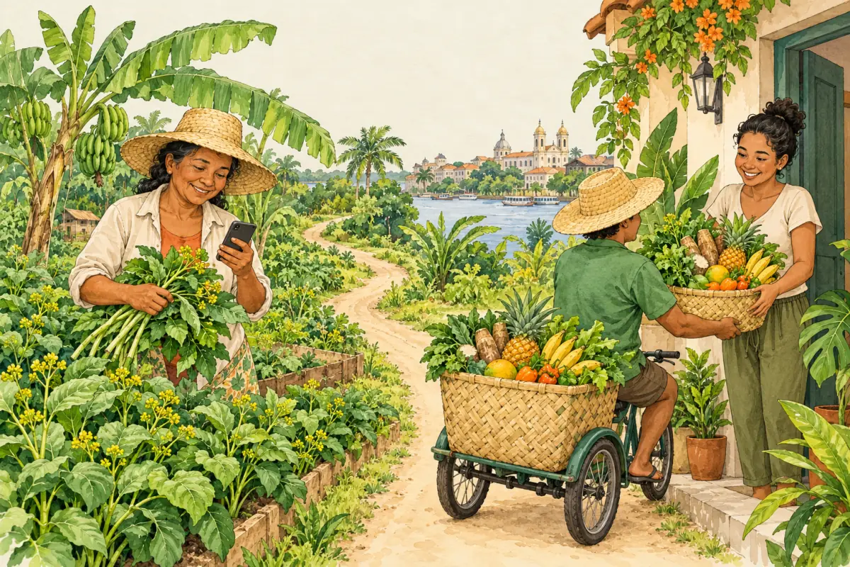 Ilustração em aquarela com duas cenas ligadas por uma estrada de terra que vai da roça até a cidade: à esquerda, uma agricultora de chapéu de palha colhe jambu na roça e olha o celular; à direita, na cidade, um entregador de triciclo entrega um cesto de produtos a uma mulher na porta de casa.