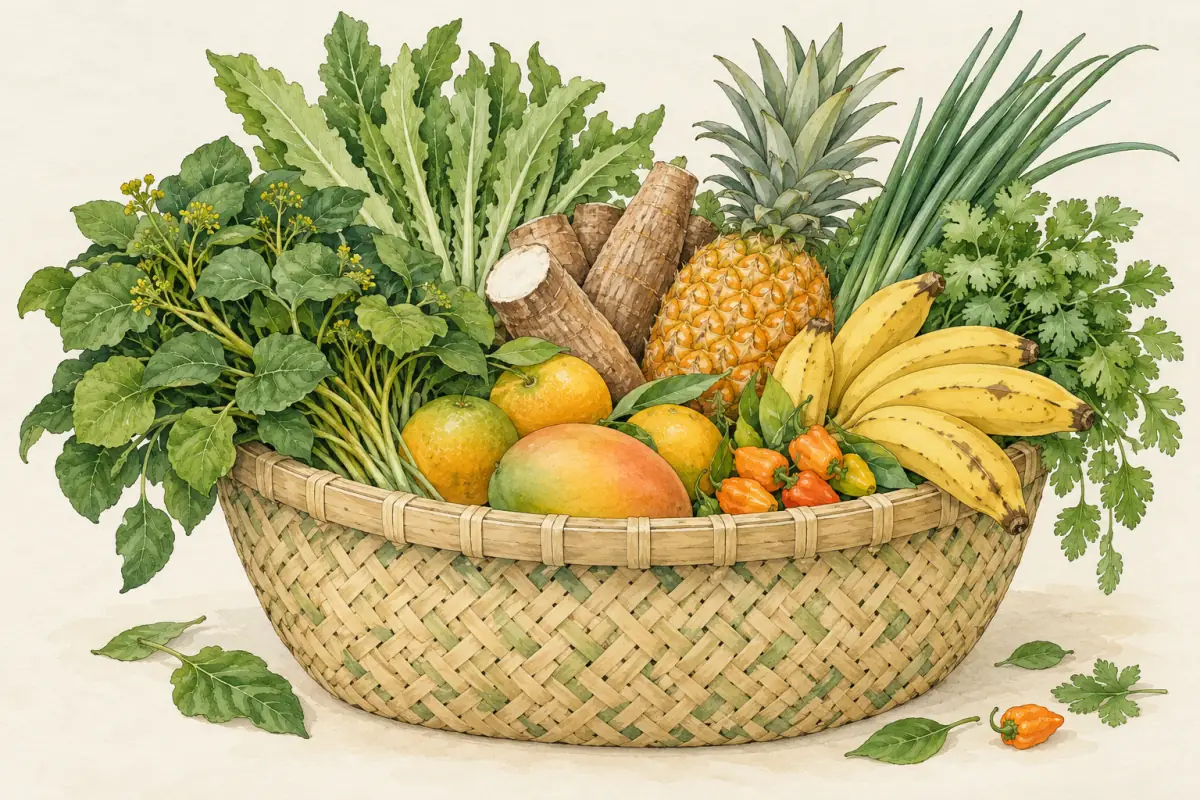 Ilustração em aquarela de um paneiro, cesto de fibra trançada, cheio de produtos da feira paraense: jambu, chicória, cebolinha, coentro, macaxeira, abacaxi, laranjas, bananas, manga e pimentas-de-cheiro.